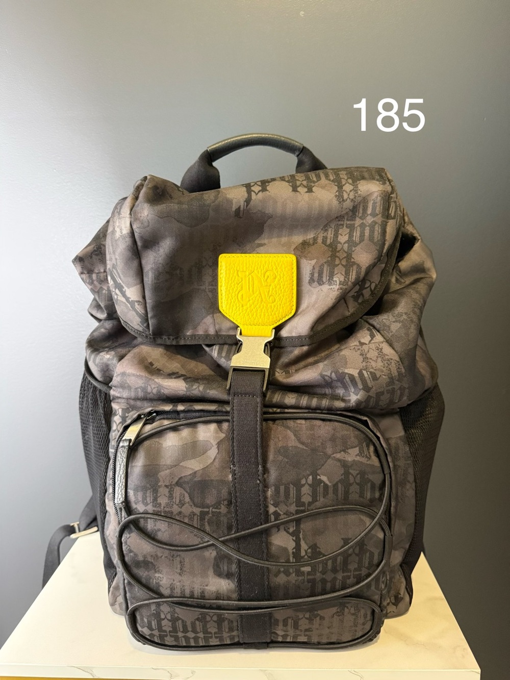 Palm Angels Grey Camouflage Backpack with Yellow Patch